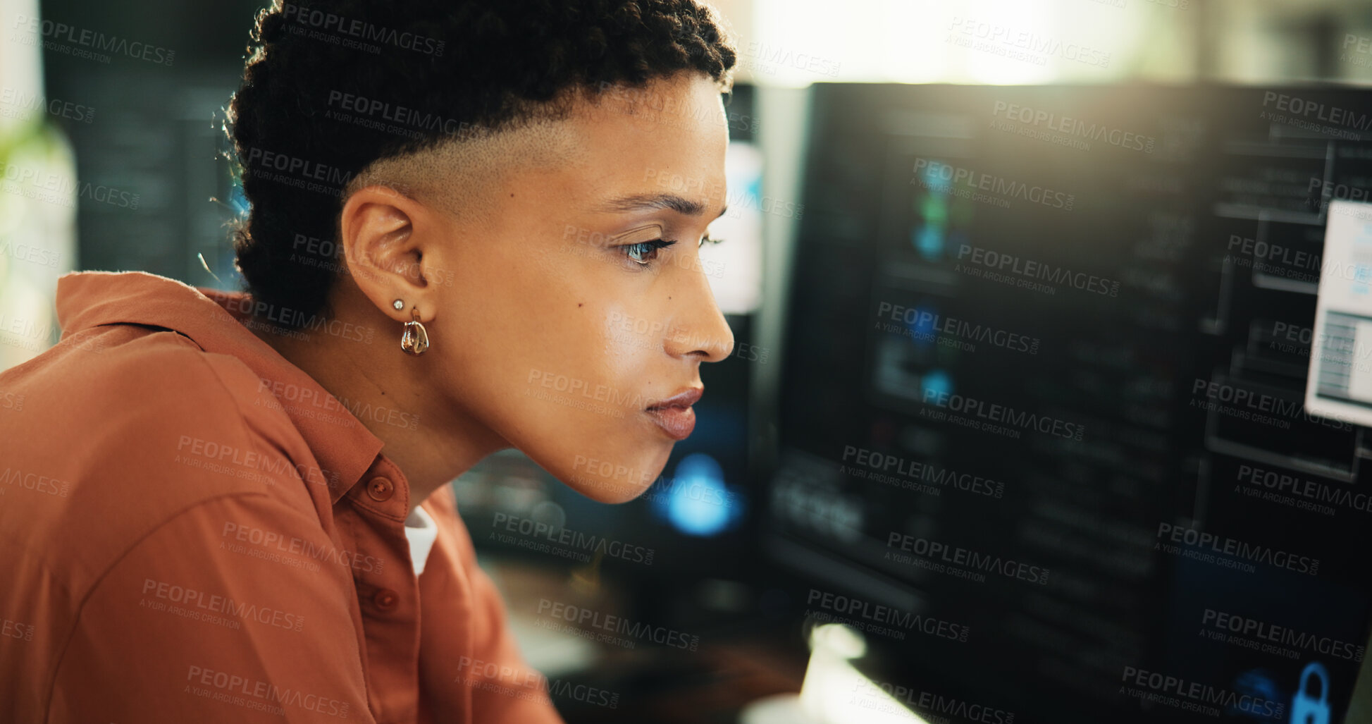 Buy stock photo Research, coding and computer with business woman in office for web programmer, it expert or reading. Software engineer, developer update and database project with employee in startup for firewall
