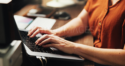 Buy stock photo Laptop, hands and programmer with business woman in office for web developer, coder or typing. Software engineer, firewall update and coding system with person in tech startup for online solution