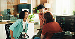 Tablet, team and advice in programmer meeting for code review, planning ui design and coworking. PC screen, coffee and women with tech in office for system testing, framework script and collaboration