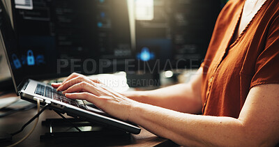 Buy stock photo Laptop, typing and developer with hands of person in office for web programmer, coder or research. Software engineer, firewall update and coding system with employee in startup for online solution