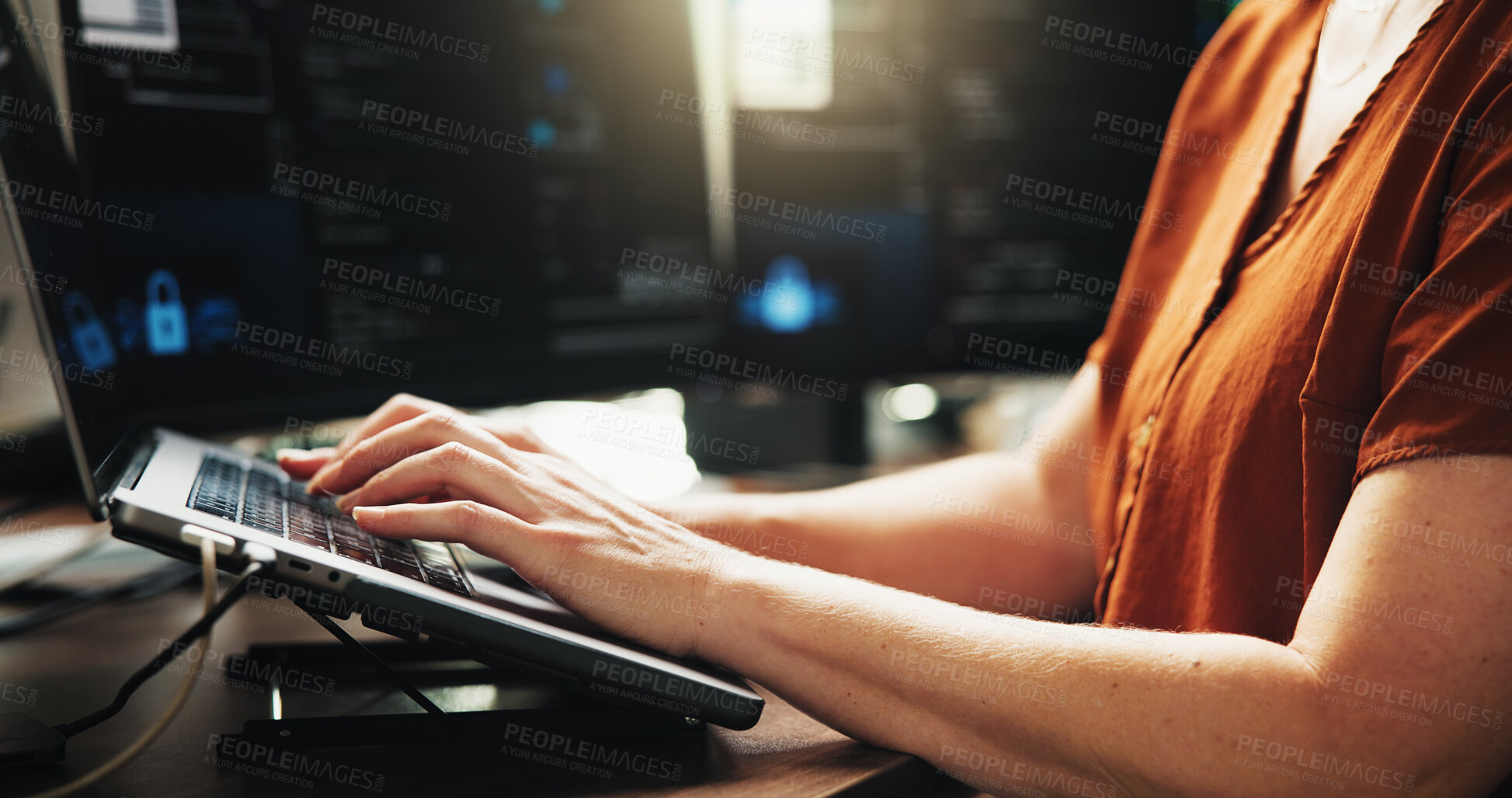 Buy stock photo Laptop, typing and developer with hands of person in office for web programmer, coder or research. Software engineer, firewall update and coding system with employee in startup for online solution