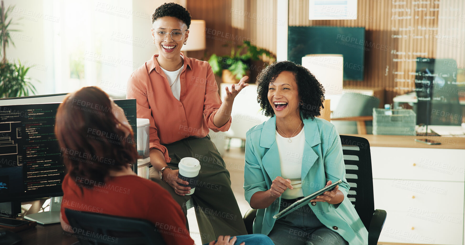 Buy stock photo Laugh, programmer and team with business people in office for app developer, support and database. It engineer, software launch success and celebration with employees with tech in agency and joke