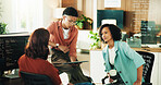 Programmer, discussion and tablet with business people in office for database, team and cyber security. Software engineer, firewall update and feedback with employees in tech agency for code review