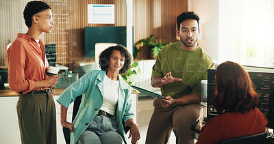 Buy stock photo Developer, advice and tablet with business people in office for data system analyst, team and cyber security. Software engineer, firewall update and feedback with employees in agency for code review