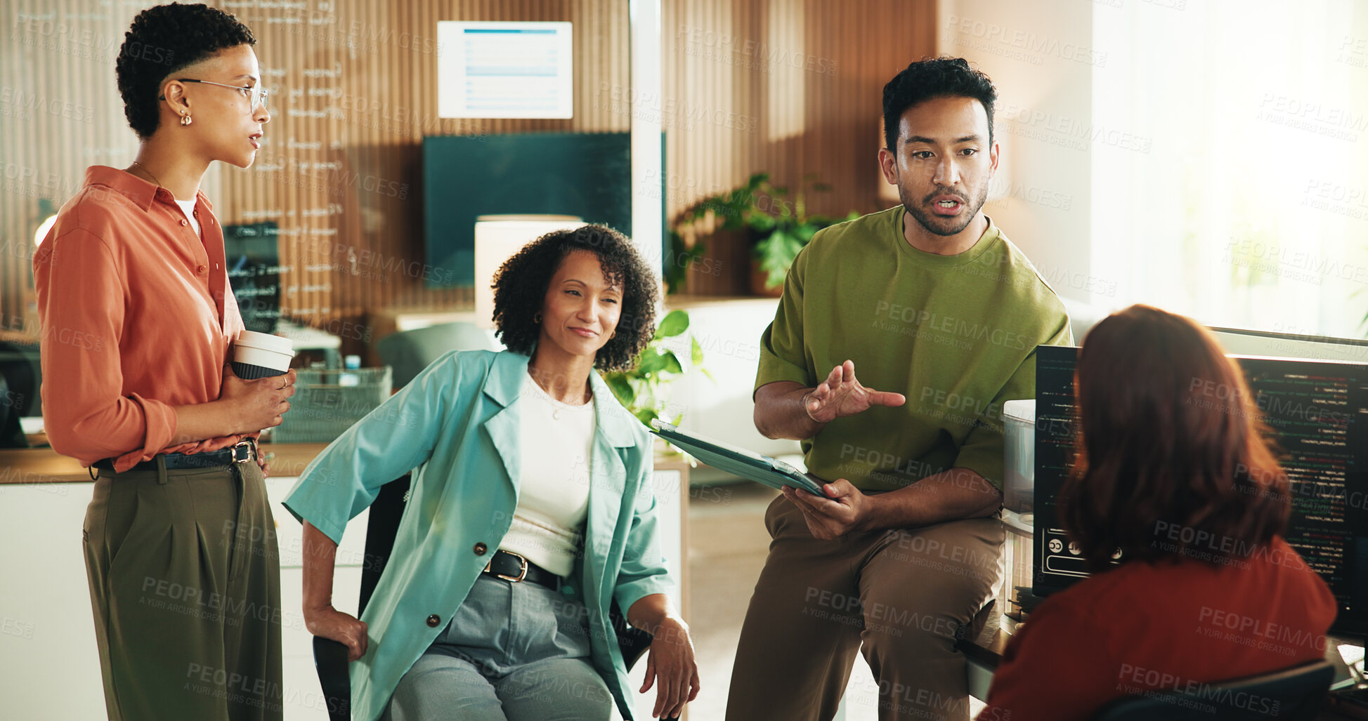 Buy stock photo Developer, advice and tablet with business people in office for data system analyst, team and cyber security. Software engineer, firewall update and feedback with employees in agency for code review