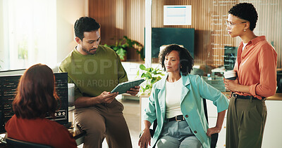 Buy stock photo Developer, talking and tablet with business people in office for data system analyst, team and cyber security. Software engineer, firewall update and feedback with employees in agency for code review