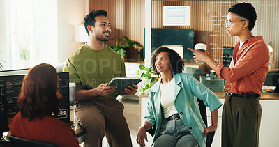 Buy stock photo Developer, discussion and tablet with business people in office for database, meeting and cyber security. Software engineer, firewall update and feedback with employees in tech agency for code review