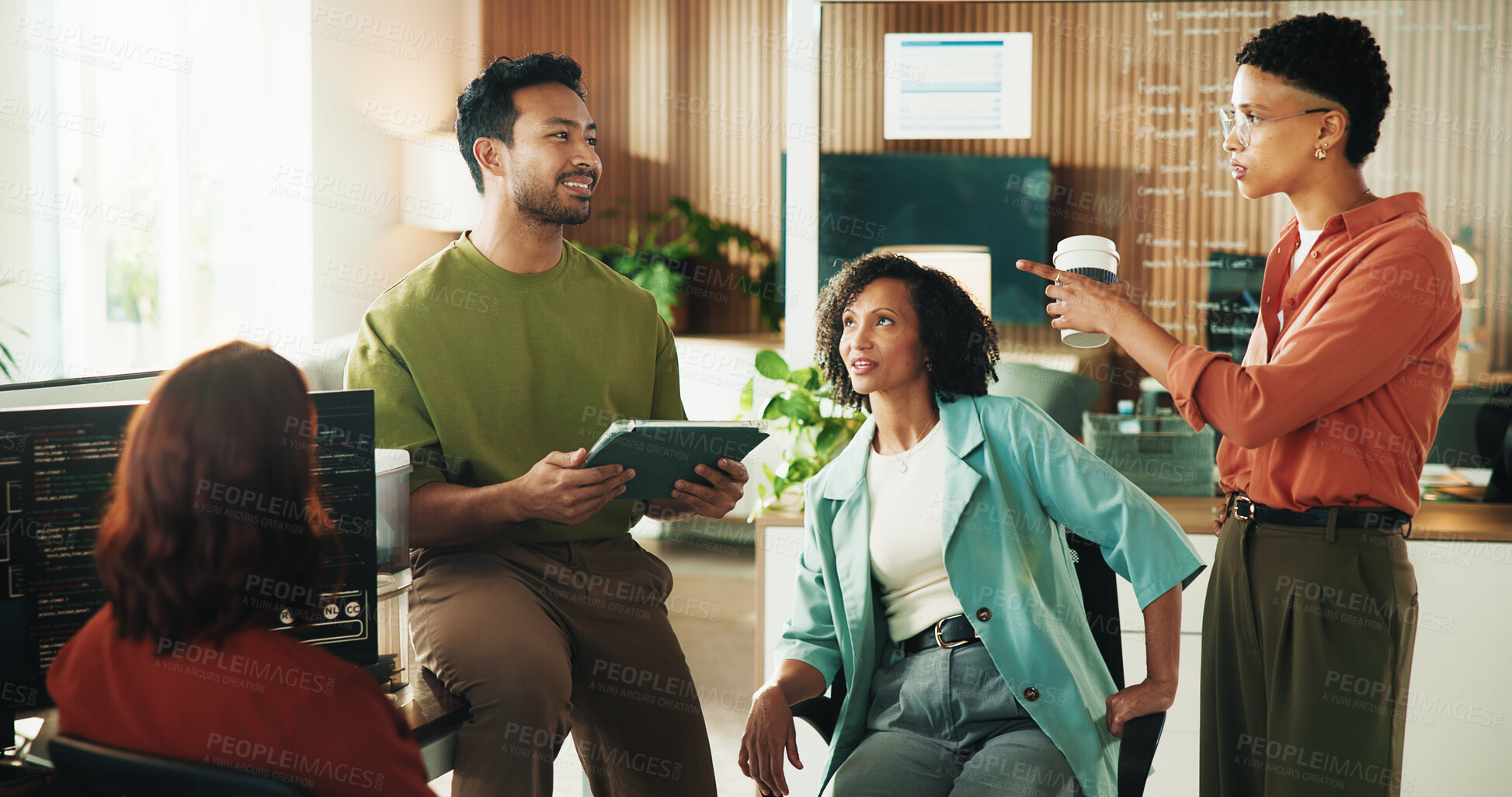 Buy stock photo Developer, discussion and tablet with business people in office for database, meeting and cyber security. Software engineer, firewall update and feedback with employees in tech agency for code review