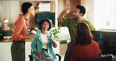 Buy stock photo High five, programmer and meeting with business people in office for app developer, support and database. It engineer, software launch success and celebration with employees with tech in agency