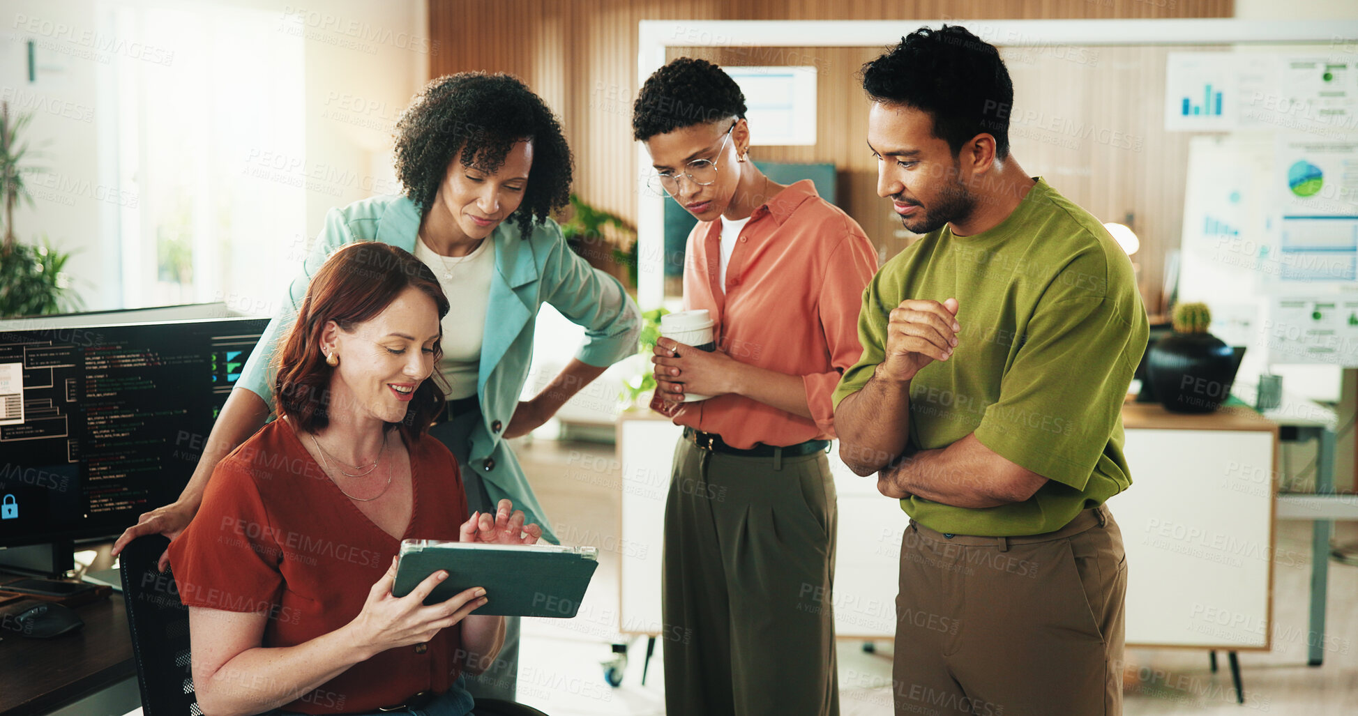 Buy stock photo Developer, programmer and tablet with business people in office for data system analyst, team or cyber security. Software engineer, firewall update and feedback with employees in agency for review