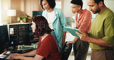 Buy stock photo People, team and computer with review for coding at office with programming, notes and tech company. Group, women and man with typing, report and futuristic web development with meeting at agency