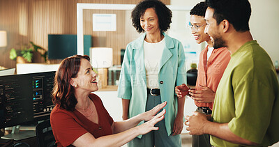 Buy stock photo Coding, team and excited in meeting in office for sprint completion, backlog goal and good news. Programming manager, happy people and announcement for app launch success, update or positive feedback