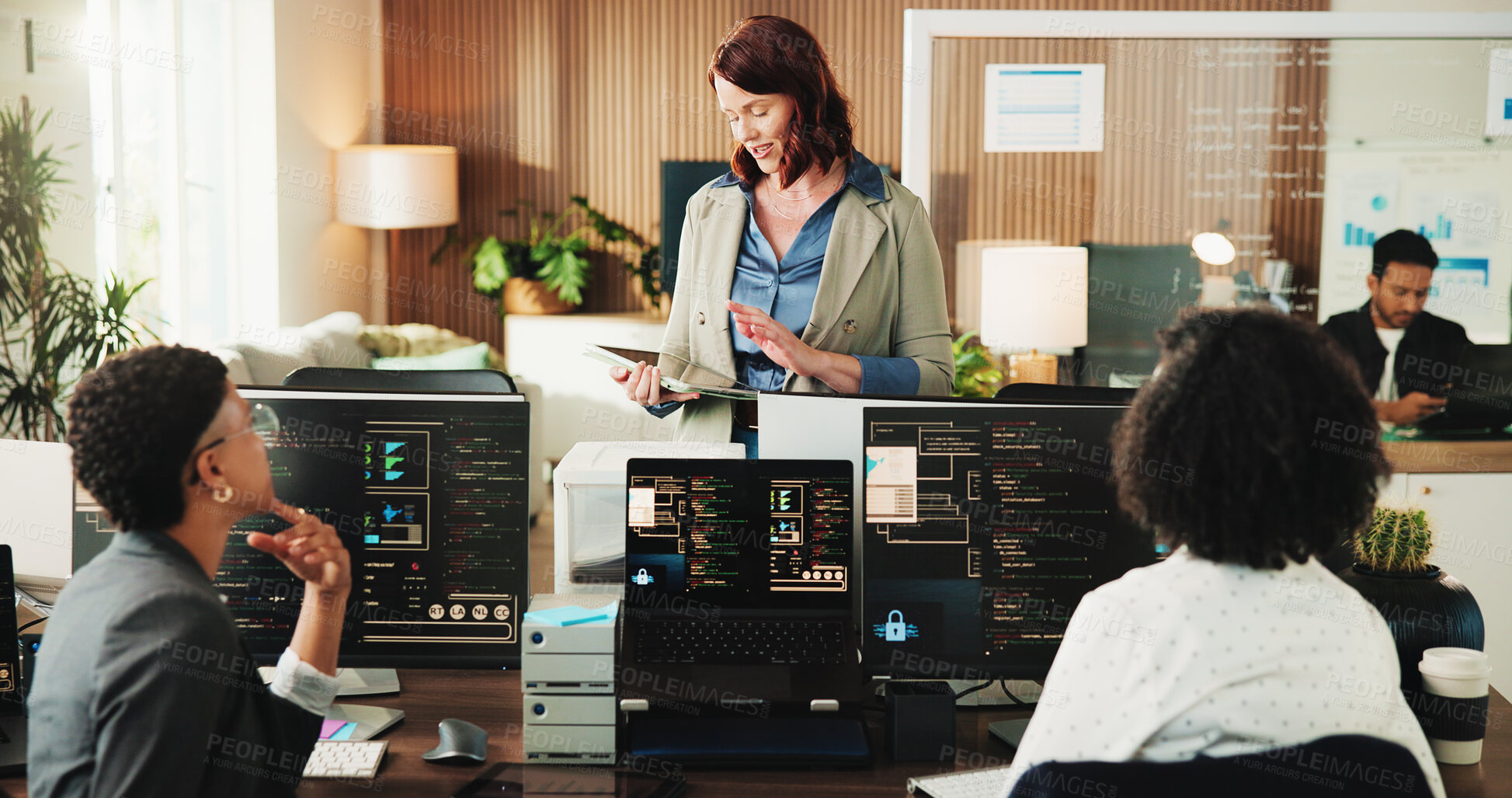 Buy stock photo Developer, meeting and tablet with business people in office for data system analyst, team and cyber security. Software engineer, firewall update and feedback with employees in agency for code review