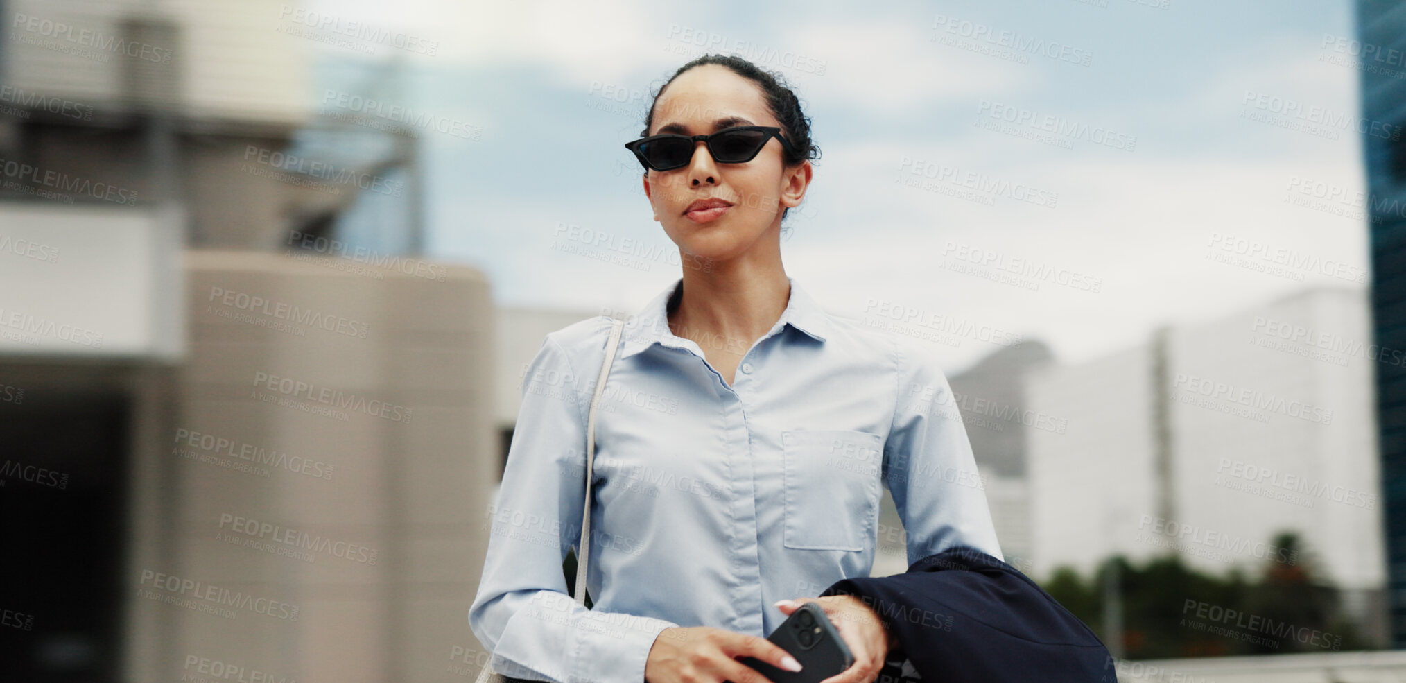 Buy stock photo Business, woman and travel with sunglasses in city for work trip, commute or job opportunity. Female person, employee or traveler thinking with phone for career mission, ambition or insight in town