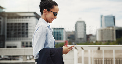 Buy stock photo Business, smartphone and woman in city, smile and email for investment deal, social media and internet. Outdoor, economy website and person in street, financial advisor and cellphone for trading info