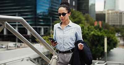 Buy stock photo Investor, smartphone and woman in city, smile and email for investment deal, social media and network. Business, economy website and person in street, financial advisor and cellphone for trading info