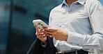 Woman, hands and typing with phone in city for communication, business network or connection. Female person, employee or texting with mobile smartphone or app for online chat or social media in town