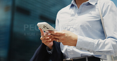 Buy stock photo Woman, hands and typing with phone in city for communication, business network or connection. Female person, employee or texting with mobile smartphone or app for online chat or social media in town