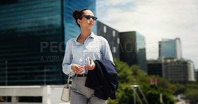 Buy stock photo Thinking, real estate and woman in city, business and vision for urban development. Outdoor, person and employee with reflection, contemplation and realtor with opportunity or infrastructure ideas