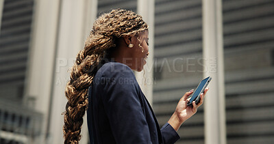 Buy stock photo Business, cellphone and black woman in city, smile and email for investment deal, typing and internet. Outdoor, economy website or happy person in street, investor or smartphone for trading portfolio
