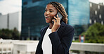 Phone call, business and black woman in city, smile for article publication and app for communication. Outdoor, African person and journalist with cellphone, connection and chatting for interview