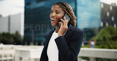 Buy stock photo Phone call, business and black woman in city, smile for article publication and app for communication. Outdoor, African person and journalist with cellphone, connection and chatting for interview