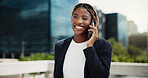 Happy, black woman or talking with phone call in city for communication, network or proposal. Female person, employee or speaking with smile on mobile smartphone for business discussion in urban town