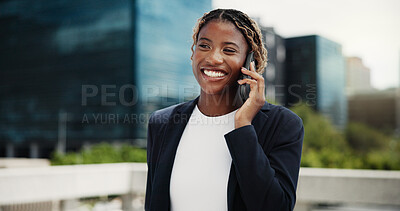 Buy stock photo Happy, black woman or talking with phone call in city for communication, network or proposal. Female person, employee or speaking with smile on mobile smartphone for business discussion in urban town