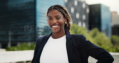 Buy stock photo Portrait, real estate and black woman in city, smile and confidence for about us. Professional, employee and African person in street, happiness and pride for property development and urban venture