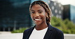 Portrait, real estate and black woman in street, smile and confidence for about us. Professional, realtor and African person in city, opportunity and pride for property development and urban venture