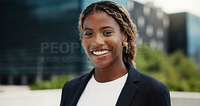 Buy stock photo Portrait, real estate and black woman in street, smile and confidence for about us. Professional, realtor and African person in city, opportunity and pride for property development and urban venture