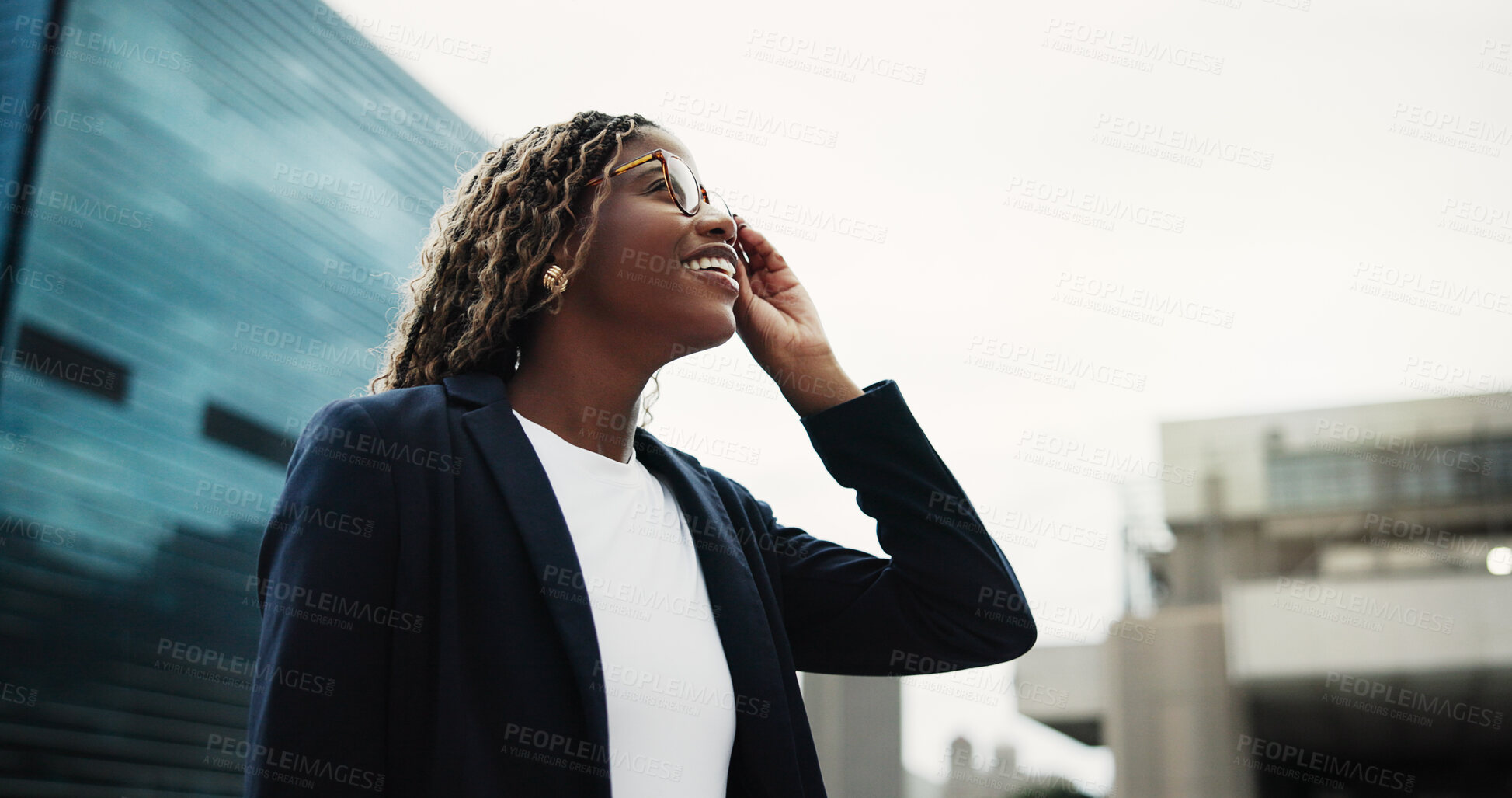 Buy stock photo Thinking, real estate and black woman in city, low angle and glasses with vision for opportunity. African person, outdoor or realtor in street, eyewear or reflection for property investment or choice