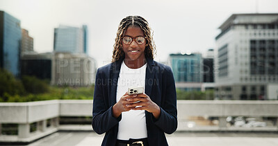 Buy stock photo Business, smartphone and black woman in street, smile and email for investment deal, typing and internet. Scroll, economy website and person in city financial advisor and cellphone for trading info