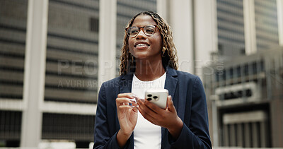 Buy stock photo Thinking, business and black woman in city, cellphone for social media and ideas for article. Happy, person and journalist in street, smartphone or reflection for news report or deadline for column