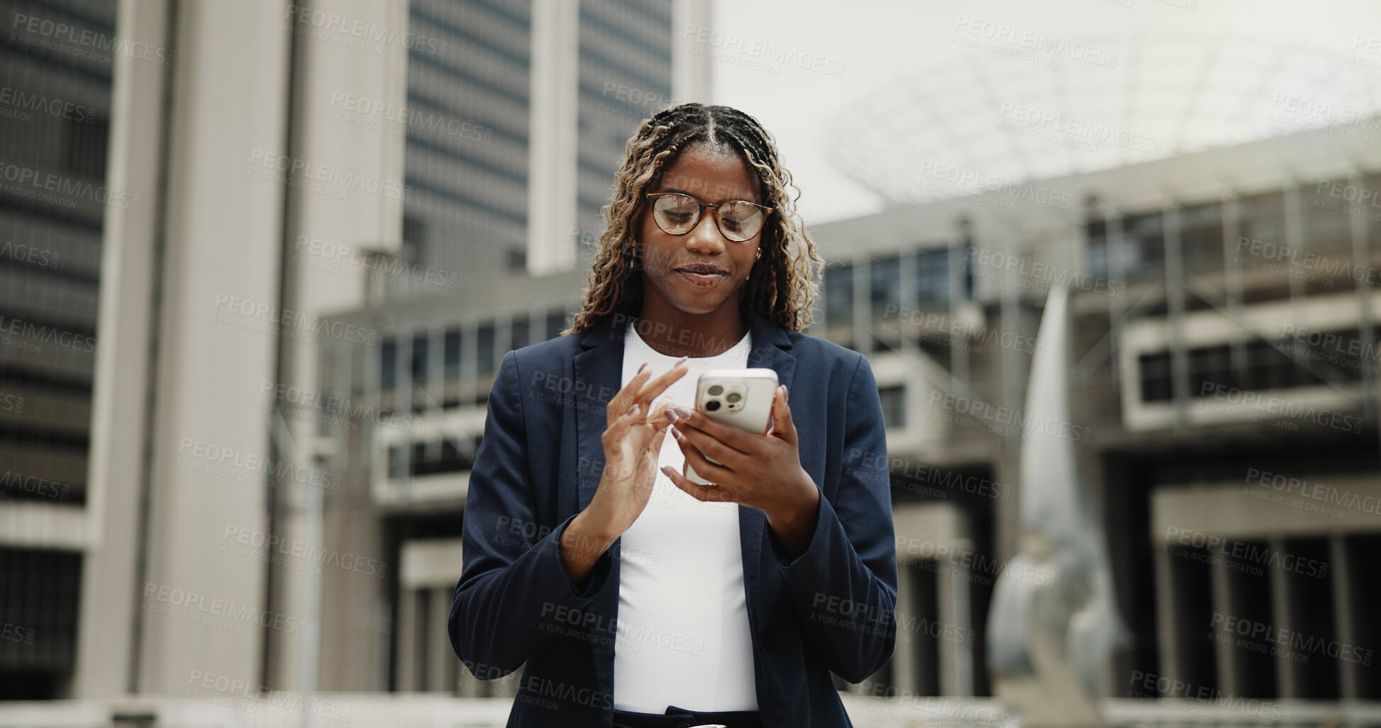 Buy stock photo Business, smartphone and black woman in city, typing or email for investment deal, social media or internet. Scroll, economy website or person in street, risk management or cellphone for trading info