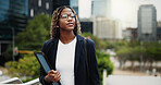 Reflection, real estate and black woman in city, smile and vision for investment opportunity. Thinking, professional or person in street, view of urban location or property evaluation with choice