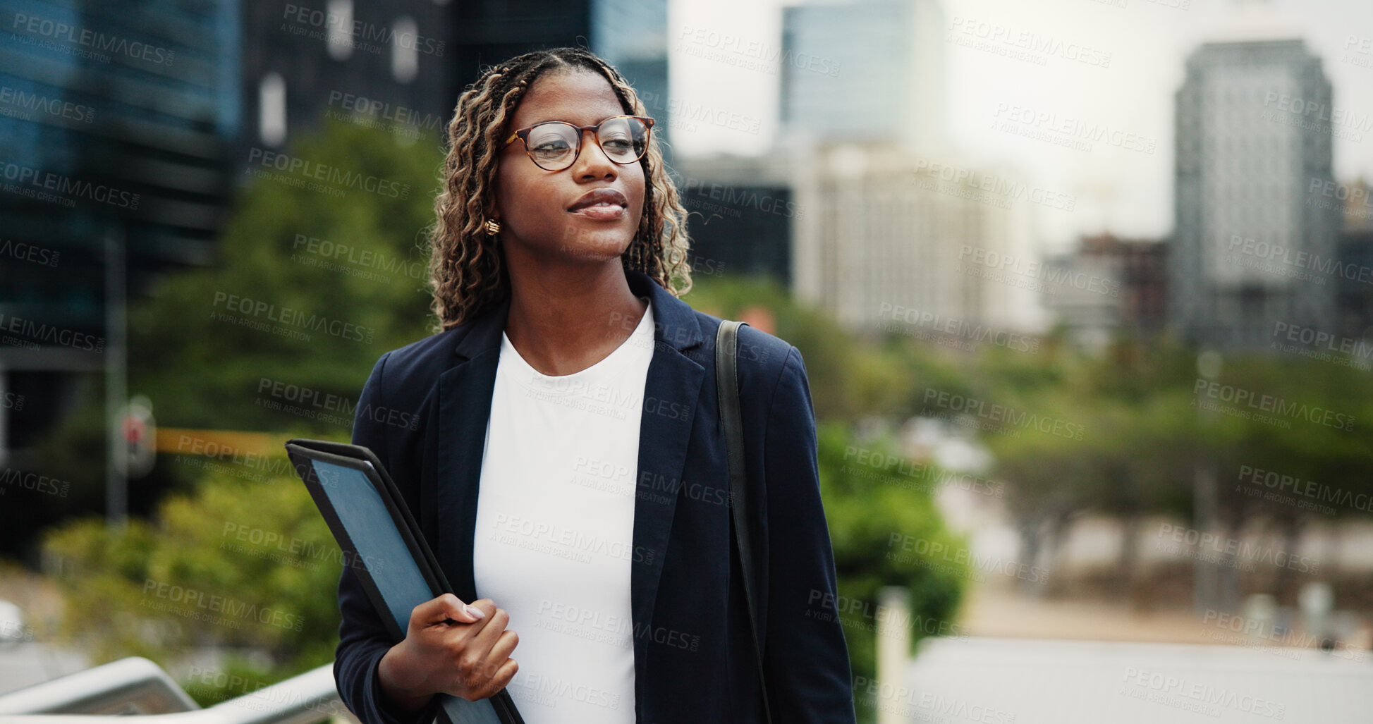 Buy stock photo Reflection, real estate and black woman in city, smile and vision for investment opportunity. Thinking, professional or person in street, view of urban location or property evaluation with choice
