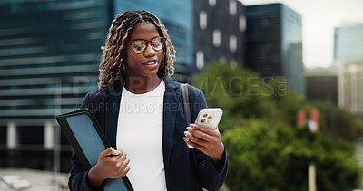Buy stock photo Business, smartphone and black woman in city, smile and email for legal case, social media and internet. Lawyer, attorney or person in street, schedule for court and text for compliance policy or app