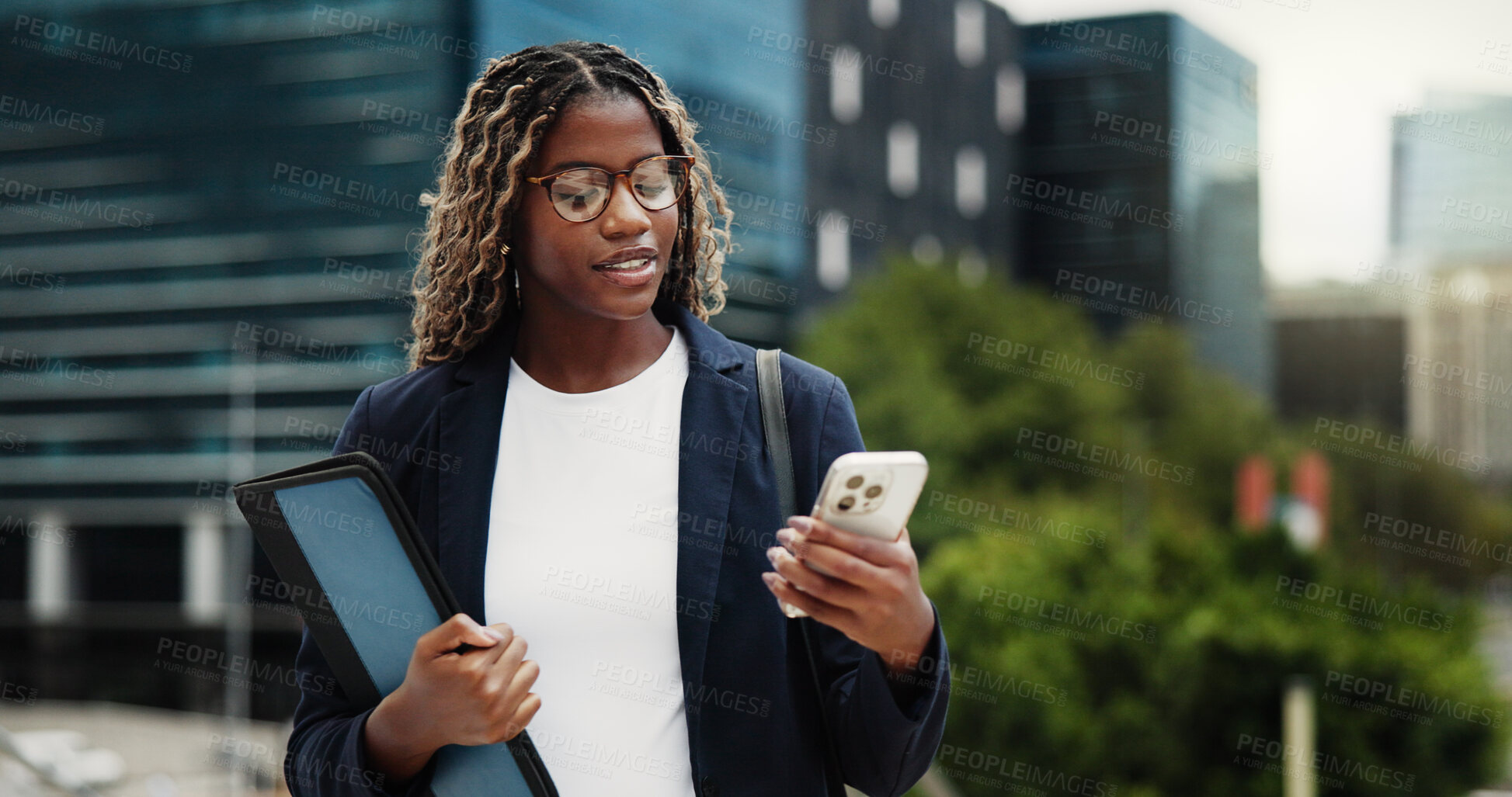 Buy stock photo Business, smartphone and black woman in city, smile and email for legal case, social media and internet. Lawyer, attorney or person in street, schedule for court and text for compliance policy or app