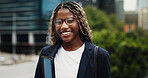 Portrait, real estate and black woman in street, smile and confidence for career ambition. Outdoor, realtor and person with happiness for development expansion, property investment and excited