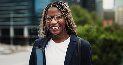Buy stock photo Portrait, real estate and black woman in street, smile and confidence for career ambition. Outdoor, realtor and person with happiness for development expansion, property investment and excited