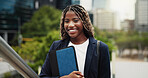 Portrait, real estate and black woman in city, smile and confidence for career ambition. Outdoor, realtor and person with happiness for development expansion, property investment and pride for growth