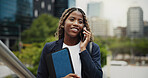 Phone call, business and black woman in street, smile for article publication and app for communication. Happy person, talking and journalist with cellphone, connection and chatting for interview