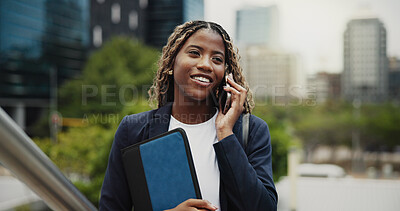 Buy stock photo Phone call, business and black woman in street, smile for article publication and app for communication. Happy person, talking and journalist with cellphone, connection and chatting for interview