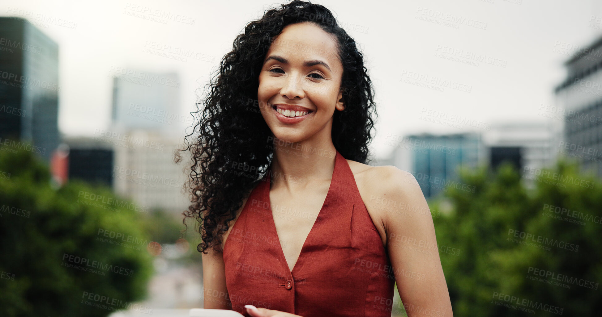 Buy stock photo Portrait, real estate and woman in city, smartphone for social media campaign and development schedule. Outdoor, realtor and person with cellphone for property investment, career growth and smile