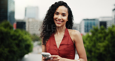 Buy stock photo Portrait, real estate and woman in city, cellphone for social media campaign and urban development. Outdoor, realtor and person with smartphone for property investment, career growth and connection
