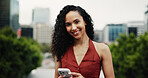 Portrait, real estate and woman in street, smartphone for social media campaign and online schedule. Happy, realtor or person with cellphone for property investment, career growth or app for chatting