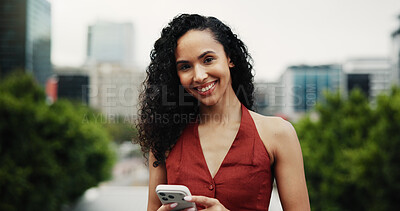 Buy stock photo Portrait, real estate and woman in street, smartphone for social media campaign and online schedule. Happy, realtor or person with cellphone for property investment, career growth or app for chatting