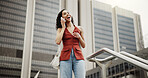 Funny, real estate or woman in city, phone call for rental agreement or property questions. Low angle, realtor or happy person with smartphone, talking to contact or laughing with building renovation
