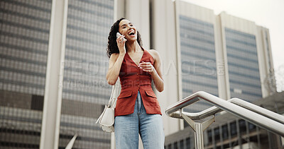 Buy stock photo Funny, real estate or woman in city, phone call for rental agreement or property questions. Low angle, realtor or happy person with smartphone, talking to contact or laughing with building renovation